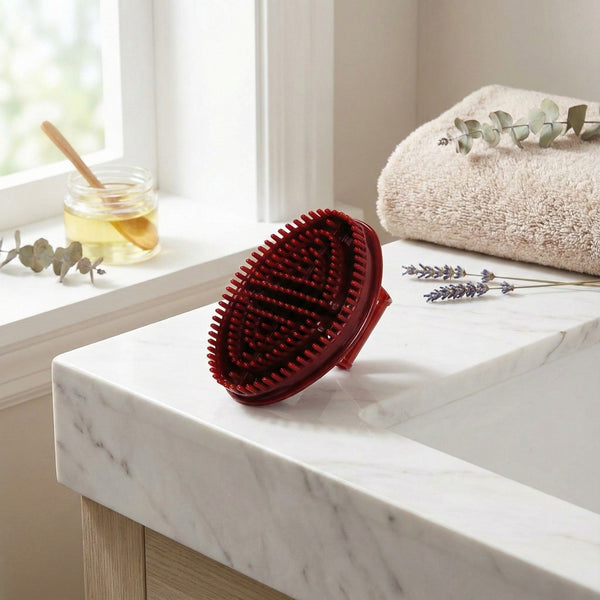 Red scrubber on a marble countertop with a window and towel in the background