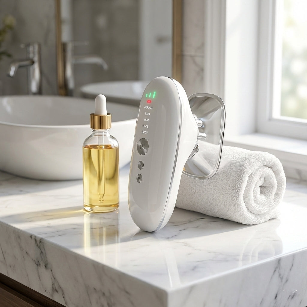 White electronic device on a marble countertop with a bottle of oil and a towel.
