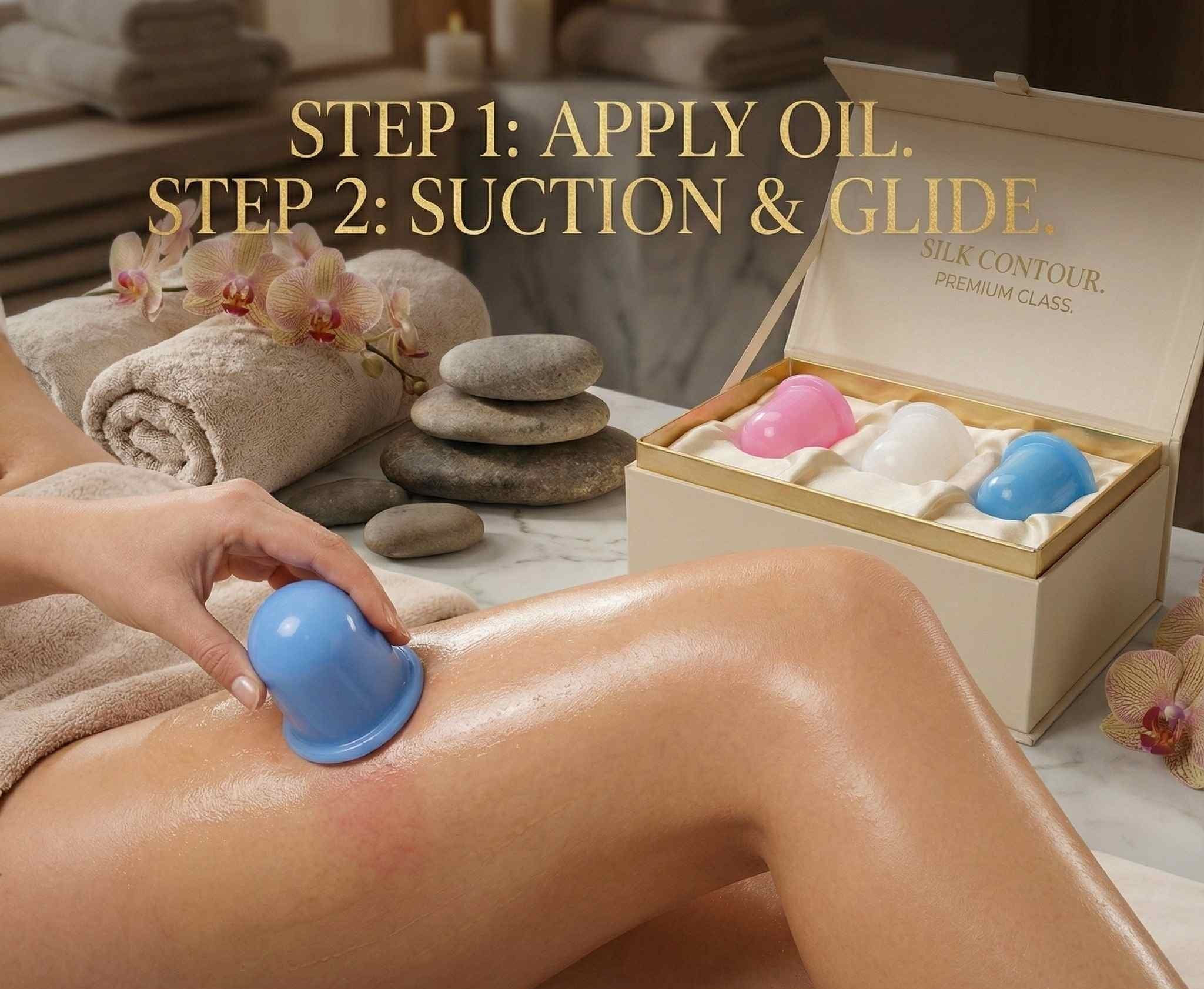 Person using cupping therapy with text instructions on a spa setting.